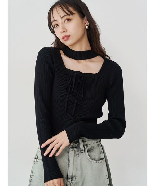 MURUA（ムルーア）の「フロントレースアップニット（ニット/セーター・レディース・ブルー/グレー/ブラック・FREE）」の7枚目の写真