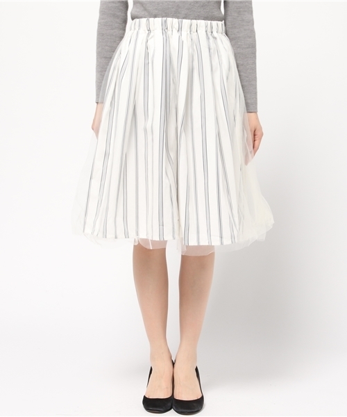 Every very nice claup（エブリィベリーナイスクラップ）の「チュール×ストライプｐｔＳＫ（スカート・レディース・オフホワイト/カーキ/ネイビー・FREE）」の5枚目の写真