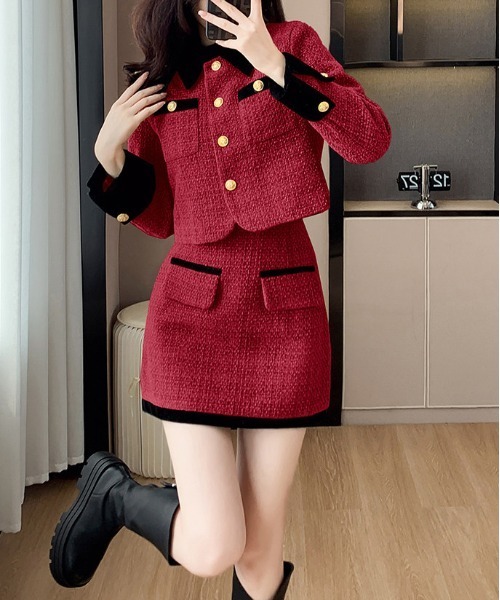 gossip!ロサンゼルス(ゴシップロサンゼルス)の「バイカラージャケットハイウェストスカートセットアップ(セットアップ・レディース・ワイン・M/L)」の6枚目の写真