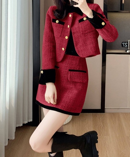 gossip!ロサンゼルス(ゴシップロサンゼルス)の「バイカラージャケットハイウェストスカートセットアップ(セットアップ・レディース・ワイン・M/L)」の9枚目の写真