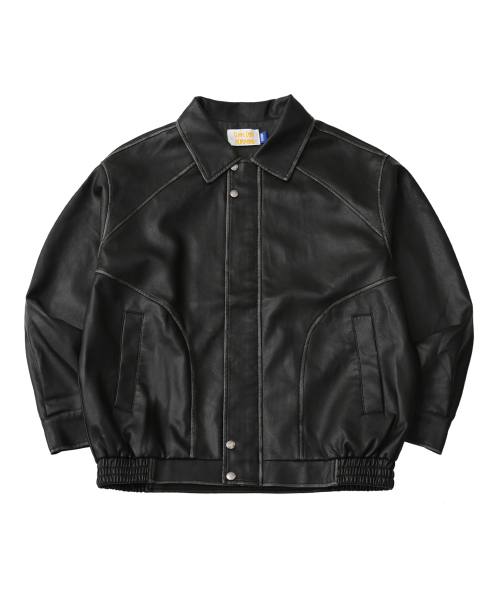 セール】Vintage washed leather jumper_Black（ライダースジャケット
