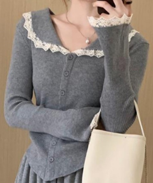セール】【2026春夏新作】レース襟付き コンパクトリブニットトップス
