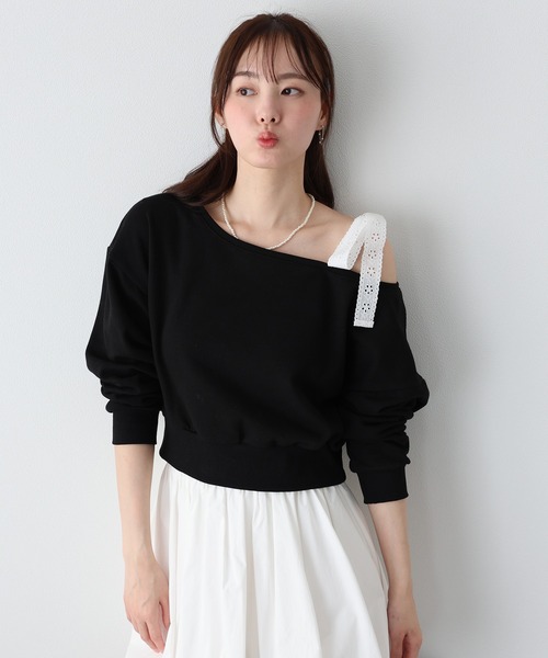 BLUEEAST（ブルーイースト）の「レースリボンオフショルスウェット（スウェット・レディース・アイボリー/ブラック/グレー・MEDIUM）」の13枚目の写真
