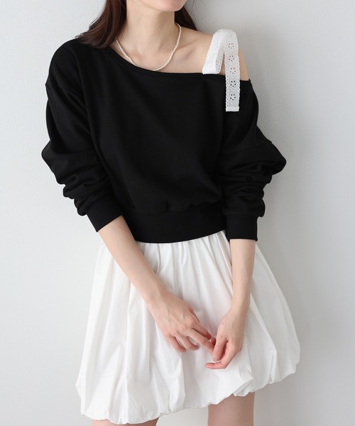BLUEEAST（ブルーイースト）の「レースリボンオフショルスウェット（スウェット・レディース・アイボリー/ブラック/グレー・MEDIUM）」の11枚目の写真