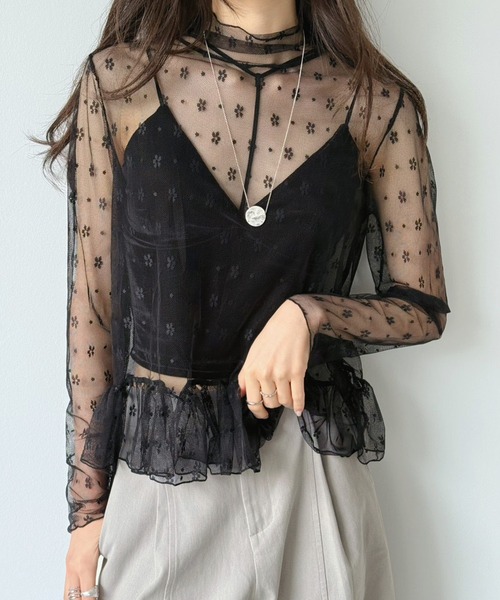 Jewelobe(ジュエローブ)の「フラワードットチュールペプラムシアートップス(Tシャツ/カットソー・レディース・ブラック/アイボリー・FREE)」の1枚目の写真