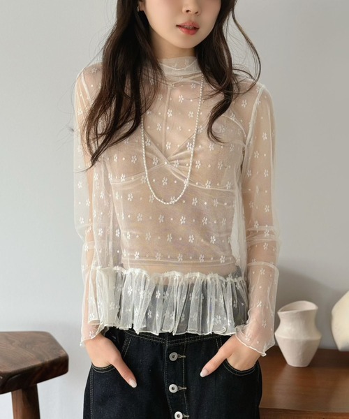 Jewelobe(ジュエローブ)の「フラワードットチュールペプラムシアートップス(Tシャツ/カットソー・レディース・ブラック/アイボリー・FREE)」の22枚目の写真