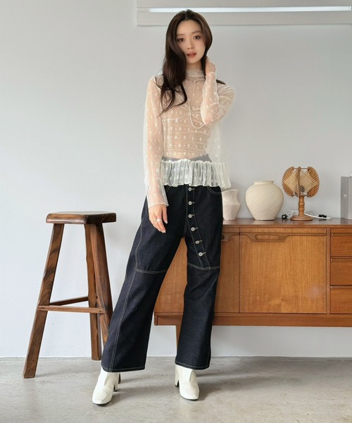 Jewelobe(ジュエローブ)の「フラワードットチュールペプラムシアートップス(Tシャツ/カットソー・レディース・ブラック/アイボリー・FREE)」の20枚目の写真