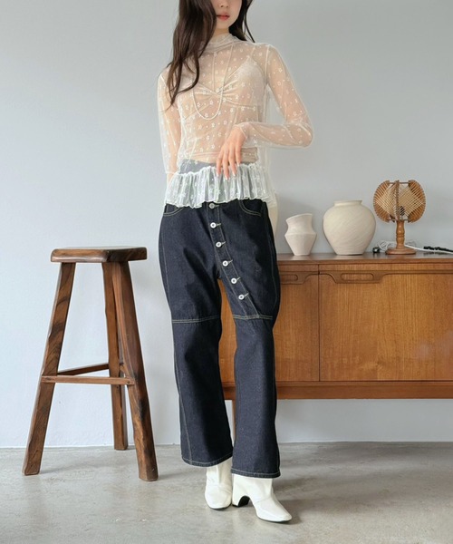 Jewelobe(ジュエローブ)の「フラワードットチュールペプラムシアートップス(Tシャツ/カットソー・レディース・ブラック/アイボリー・FREE)」の21枚目の写真