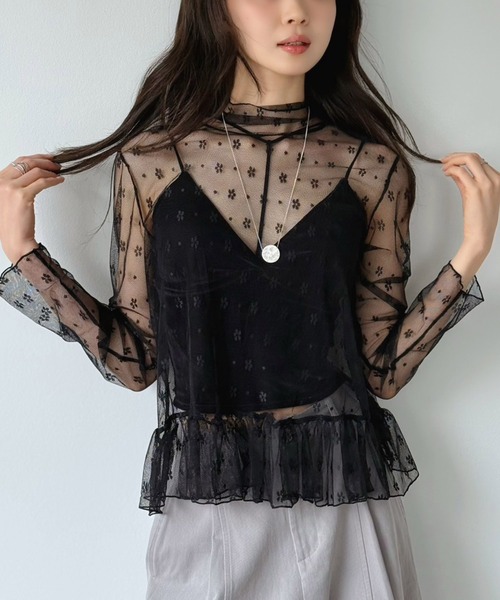 Jewelobe(ジュエローブ)の「フラワードットチュールペプラムシアートップス(Tシャツ/カットソー・レディース・ブラック/アイボリー・FREE)」の11枚目の写真