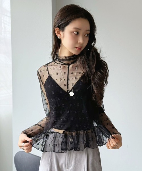 Jewelobe(ジュエローブ)の「フラワードットチュールペプラムシアートップス(Tシャツ/カットソー・レディース・ブラック/アイボリー・FREE)」の13枚目の写真