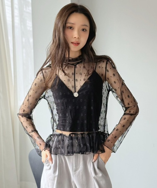 Jewelobe(ジュエローブ)の「フラワードットチュールペプラムシアートップス(Tシャツ/カットソー・レディース・ブラック/アイボリー・FREE)」の14枚目の写真