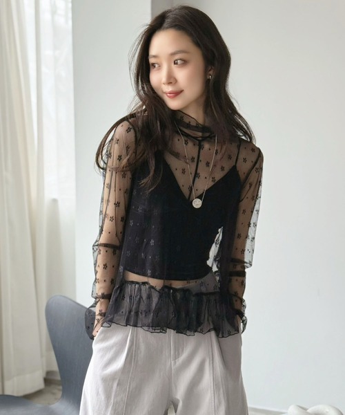 Jewelobe(ジュエローブ)の「フラワードットチュールペプラムシアートップス(Tシャツ/カットソー・レディース・ブラック/アイボリー・FREE)」の15枚目の写真
