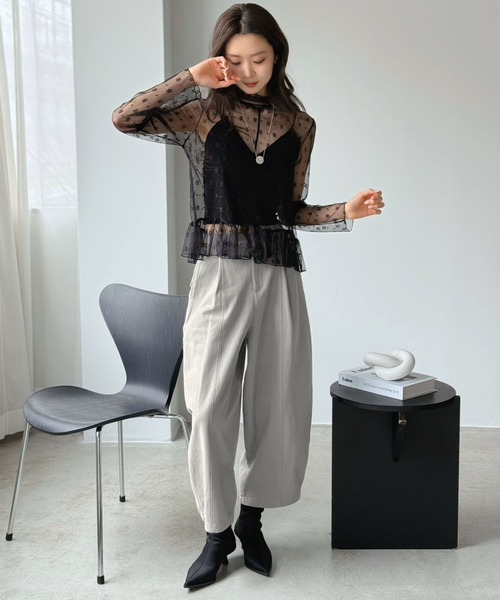 Jewelobe(ジュエローブ)の「フラワードットチュールペプラムシアートップス(Tシャツ/カットソー・レディース・ブラック/アイボリー・FREE)」の6枚目の写真