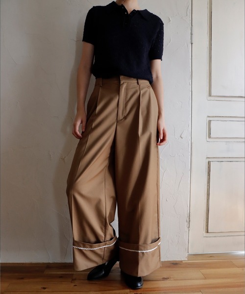 mieya mieya(ミーヤミーヤ)の「【mieya mieya】PREPPY CUFFS WIDE-LEG PT/プレッピーカフスワイドレッグパンツ(スラックス・レディース・キャメル/ネイビー・SMALL/MEDIUM)」の18枚目の写真