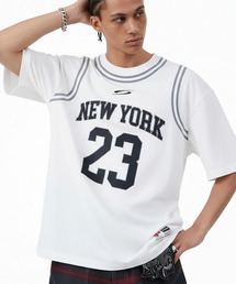 フェイクレイヤードレタリングプリントオーバーサイズショートスリーブTシャツ(ホワイト)