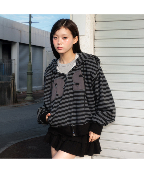 Patch Stripe Hood Zip-Up [Black] — худи на молнии с нашивкой и полосой, чёрный