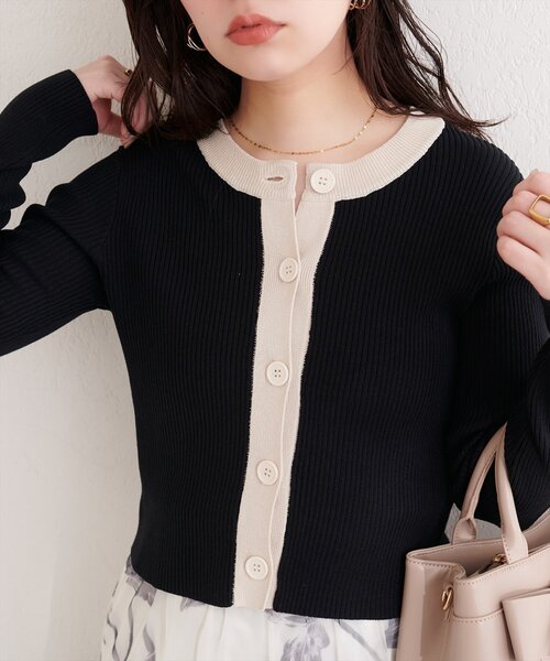 natural couture（ナチュラルクチュール）の「細リブ配色ショート丈カーディガン（カーディガン/ボレロ・レディース・ブラック/サックスブルー/アイボリー/ラベンダー/ライトグレー・FREE）」の3枚目の写真