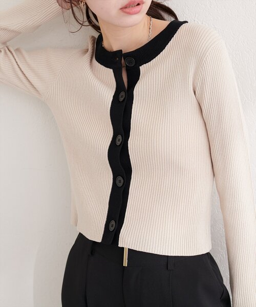 natural couture（ナチュラルクチュール）の「細リブ配色ショート丈カーディガン（カーディガン/ボレロ・レディース・ブラック/サックスブルー/アイボリー/ラベンダー/ライトグレー・FREE）」の6枚目の写真
