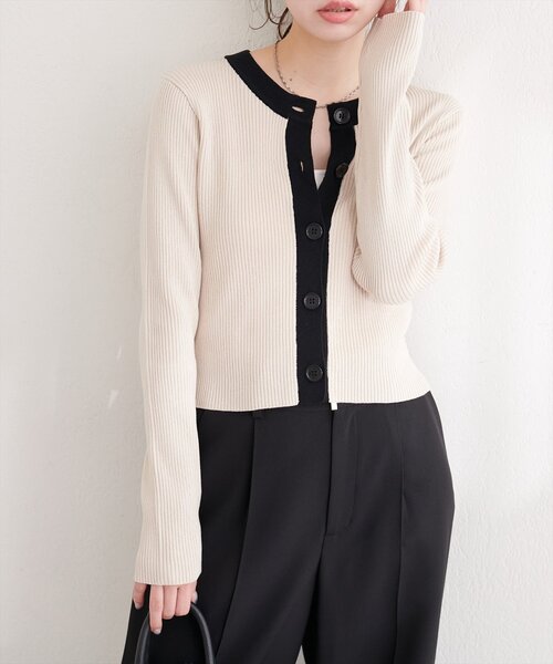 natural couture（ナチュラルクチュール）の「細リブ配色ショート丈カーディガン（カーディガン/ボレロ・レディース・ブラック/サックスブルー/アイボリー/ラベンダー/ライトグレー・FREE）」の7枚目の写真