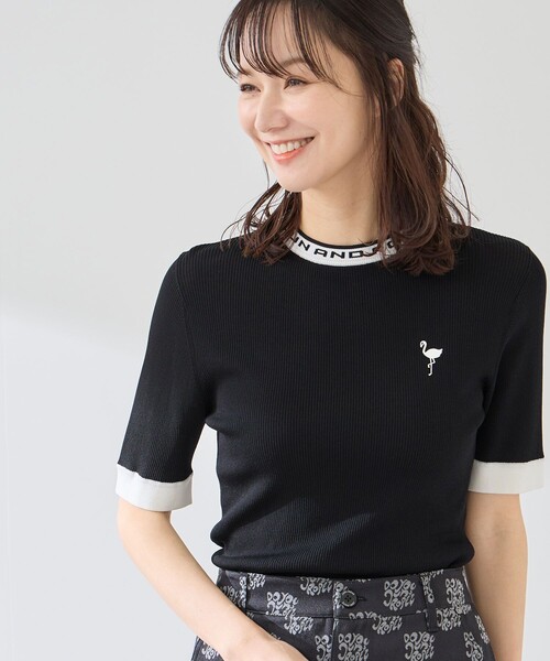 JUN&ROPE'(ジュンアンドロペ)の「ロゴ使いリブ5分袖クルーネックプルオーバー(ニット/セーター・レディース・ホワイト/ブラック/ターコイズブルー・M/S/L)」の1枚目の写真