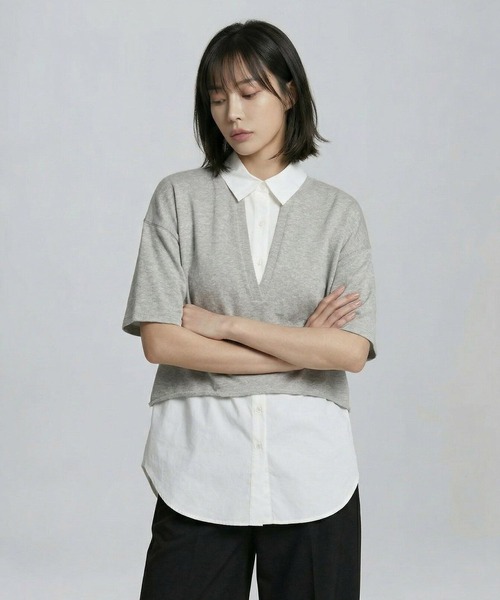 LEPSIM（レプシィム）の「シャツレイヤードチュニックSS　665361（Tシャツ/カットソー・レディース・ブラック/ネイビー/ライトグレー・FREE）」の2枚目の写真