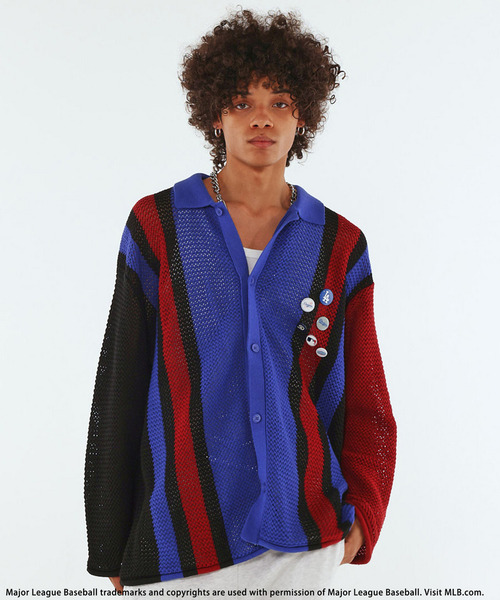 BACK TO THE FIELD(バック トゥー ザ フィールド)の「【MLB】Mesh Knit Cardigan(カーディガン/ボレロ・メンズ・オフホワイト/パープル/ブルー系・MEDIUM/LARGE/XL)」の1枚目の写真