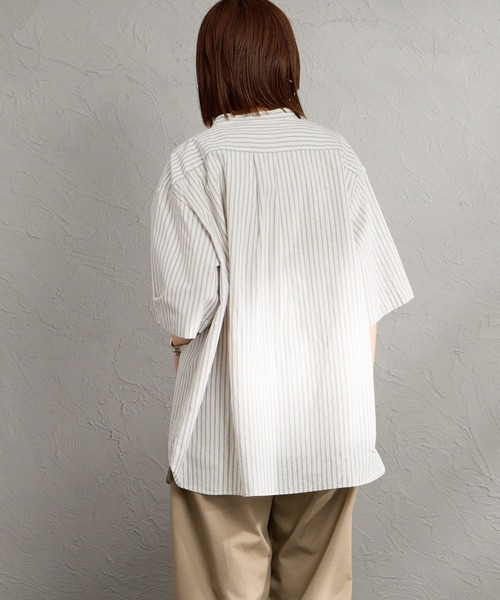 DANTON（ダントン）の「[DANTON/ダントン] コットンリネン ショートスリーブ バンドカラーシャツ(ストライプ)（シャツ/ブラウス・レディース・ホワイト/ブルー・40/38/42）」の3枚目の写真