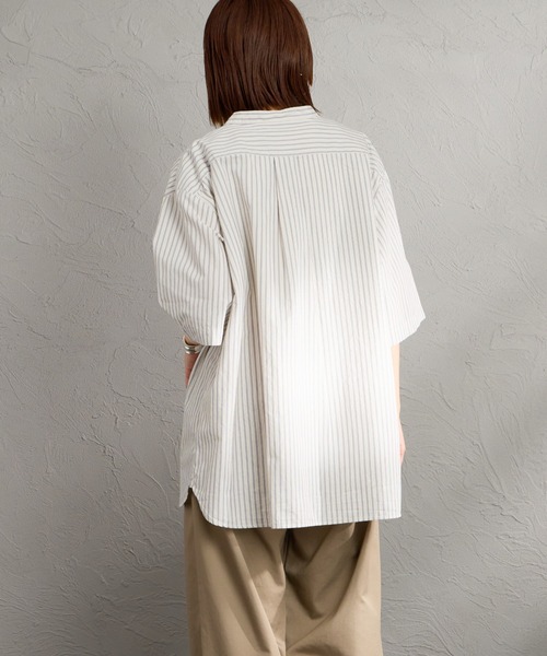 DANTON（ダントン）の「[DANTON/ダントン] コットンリネン ショートスリーブ バンドカラーシャツ(ストライプ)（シャツ/ブラウス・レディース・ホワイト/ブルー・40/38/42）」の6枚目の写真