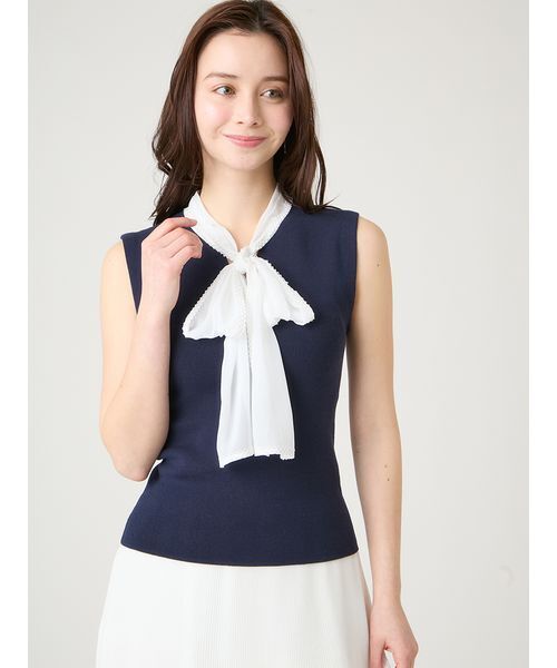 CELFORD（セルフォード）の「【洗える】【UVカット】シフォンボウタイニットプルオーバー（ニット/セーター・レディース・オフホワイト/ライム/その他/ネイビー・36/38）」の4枚目の写真