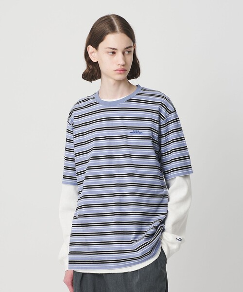 NICE WEATHER(ナイスウェザー)の「<NICE WEATHER>マルチボーダー ショートスリーブ Tシャツ(Tシャツ/カットソー・メンズ・ダークグリーン/ライトブルー・M/S/L/XS)」の1枚目の写真