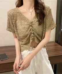 【2way】フロントシャーリング クロシェ編み半袖サマーニット