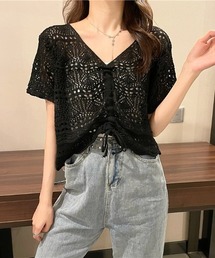 【2way】フロントシャーリング クロシェ編み半袖サマーニット