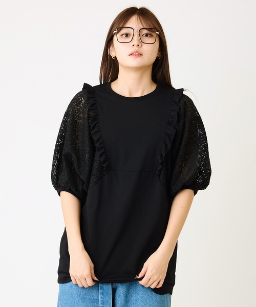 AVIE（アビィ）の「レ―スボリュームスリーブデザインTEE（Tシャツ/カットソー・レディース・チャコールグレー/ブラック・38）」の2枚目の写真