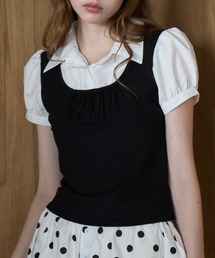 レイヤードライクパフスリブラウス/Layered-look puff-sleeve blouse