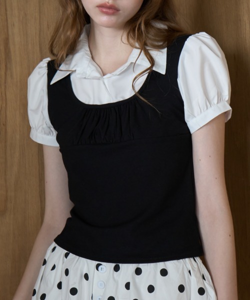 Birthday room(バースデイルーム)の「レイヤードライクパフスリブラウス/Layered-look puff-sleeve blouse(シャツ/ブラウス・レディース・グレー/ブラック・FREE)」の2枚目の写真