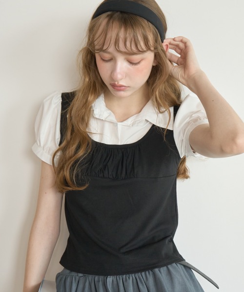 Birthday room(バースデイルーム)の「レイヤードライクパフスリブラウス/Layered-look puff-sleeve blouse(シャツ/ブラウス・レディース・グレー/ブラック・FREE)」の21枚目の写真