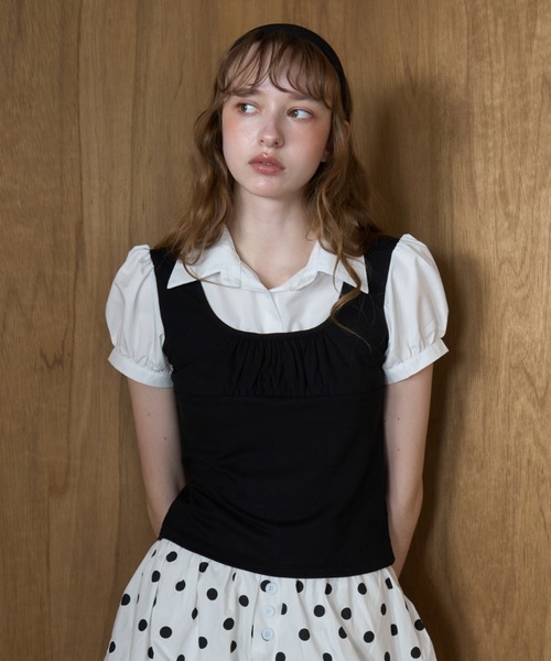 Birthday room(バースデイルーム)の「レイヤードライクパフスリブラウス/Layered-look puff-sleeve blouse(シャツ/ブラウス・レディース・グレー/ブラック・FREE)」の20枚目の写真