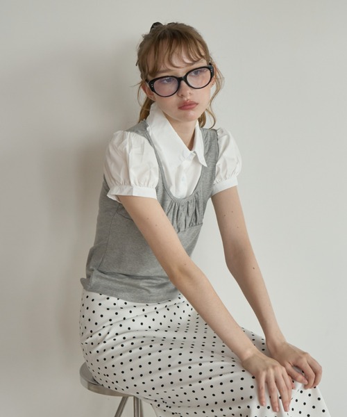 Birthday room(バースデイルーム)の「レイヤードライクパフスリブラウス/Layered-look puff-sleeve blouse(シャツ/ブラウス・レディース・グレー/ブラック・FREE)」の9枚目の写真