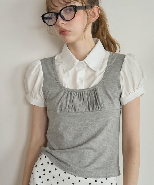 Birthday room(バースデイルーム)の「レイヤードライクパフスリブラウス/Layered-look puff-sleeve blouse(シャツ/ブラウス・レディース・グレー/ブラック・FREE)」の11枚目の写真