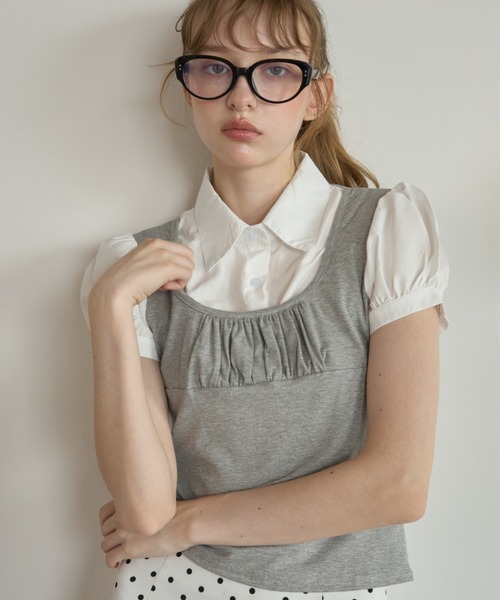 Birthday room(バースデイルーム)の「レイヤードライクパフスリブラウス/Layered-look puff-sleeve blouse(シャツ/ブラウス・レディース・グレー/ブラック・FREE)」の12枚目の写真