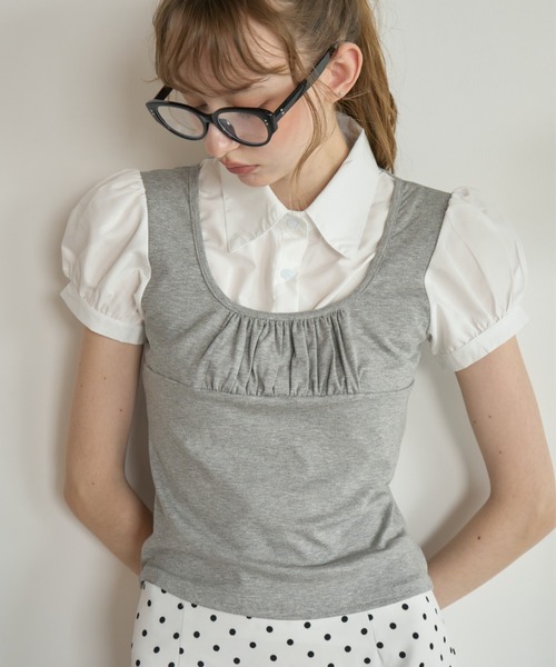 Birthday room(バースデイルーム)の「レイヤードライクパフスリブラウス/Layered-look puff-sleeve blouse(シャツ/ブラウス・レディース・グレー/ブラック・FREE)」の10枚目の写真