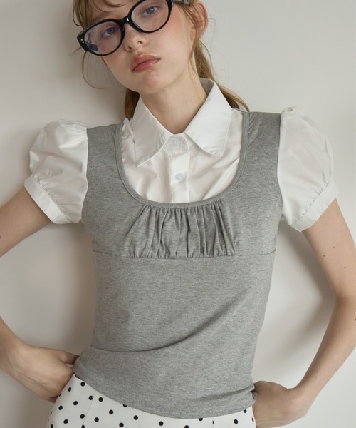 Birthday room(バースデイルーム)の「レイヤードライクパフスリブラウス/Layered-look puff-sleeve blouse(シャツ/ブラウス・レディース・グレー/ブラック・FREE)」の13枚目の写真