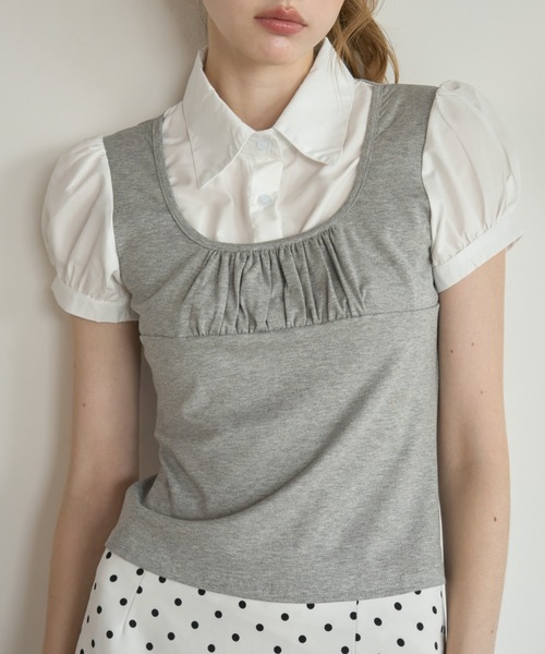 Birthday room(バースデイルーム)の「レイヤードライクパフスリブラウス/Layered-look puff-sleeve blouse(シャツ/ブラウス・レディース・グレー/ブラック・FREE)」の3枚目の写真