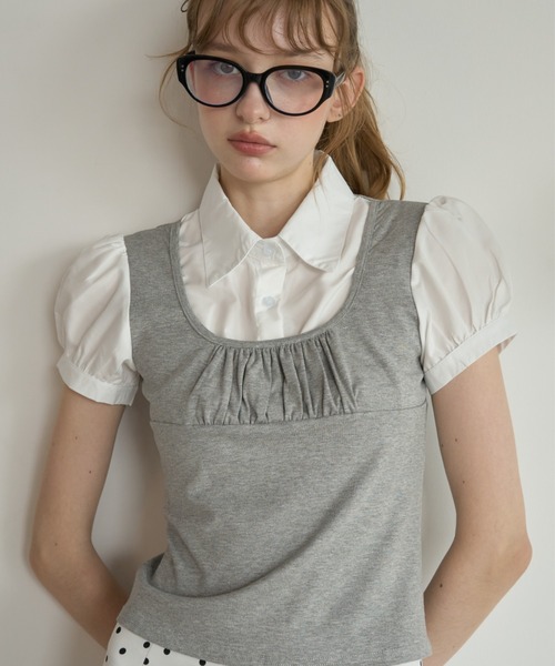 Birthday room(バースデイルーム)の「レイヤードライクパフスリブラウス/Layered-look puff-sleeve blouse(シャツ/ブラウス・レディース・グレー/ブラック・FREE)」の4枚目の写真