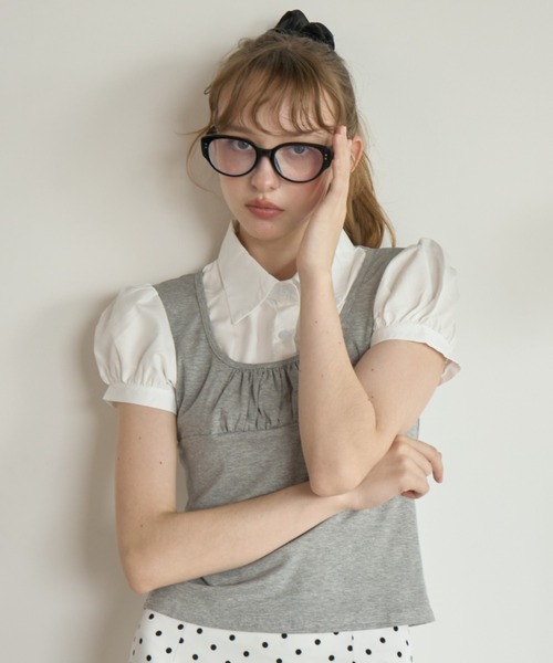 Birthday room(バースデイルーム)の「レイヤードライクパフスリブラウス/Layered-look puff-sleeve blouse(シャツ/ブラウス・レディース・グレー/ブラック・FREE)」の5枚目の写真