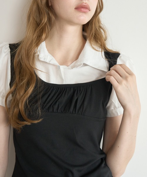 Birthday room(バースデイルーム)の「レイヤードライクパフスリブラウス/Layered-look puff-sleeve blouse(シャツ/ブラウス・レディース・グレー/ブラック・FREE)」の14枚目の写真