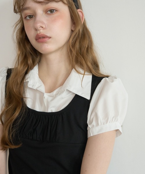 Birthday room(バースデイルーム)の「レイヤードライクパフスリブラウス/Layered-look puff-sleeve blouse(シャツ/ブラウス・レディース・グレー/ブラック・FREE)」の15枚目の写真
