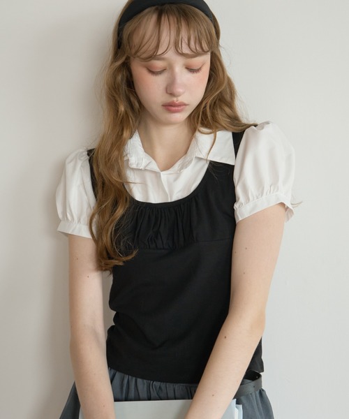 Birthday room(バースデイルーム)の「レイヤードライクパフスリブラウス/Layered-look puff-sleeve blouse(シャツ/ブラウス・レディース・グレー/ブラック・FREE)」の16枚目の写真