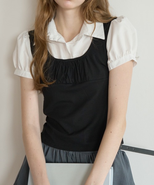 Birthday room(バースデイルーム)の「レイヤードライクパフスリブラウス/Layered-look puff-sleeve blouse(シャツ/ブラウス・レディース・グレー/ブラック・FREE)」の22枚目の写真