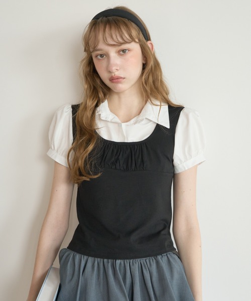 Birthday room(バースデイルーム)の「レイヤードライクパフスリブラウス/Layered-look puff-sleeve blouse(シャツ/ブラウス・レディース・グレー/ブラック・FREE)」の17枚目の写真